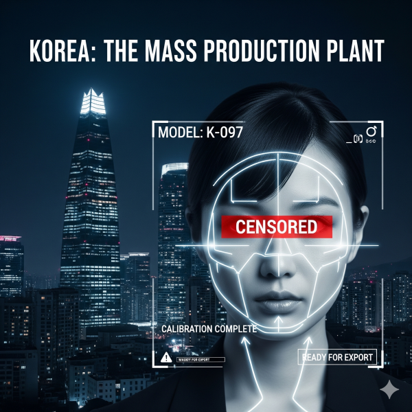 韓国（カンナム・清潭洞）：生体データの「量産・規格化工場」。K-POPと美容整形の聖地の裏で、日本のモデルがいかにして「特定の金型」へと加工され、アジア全域への輸出モデルとして規格化されるのか。その非情な量産プロトコルを公開。