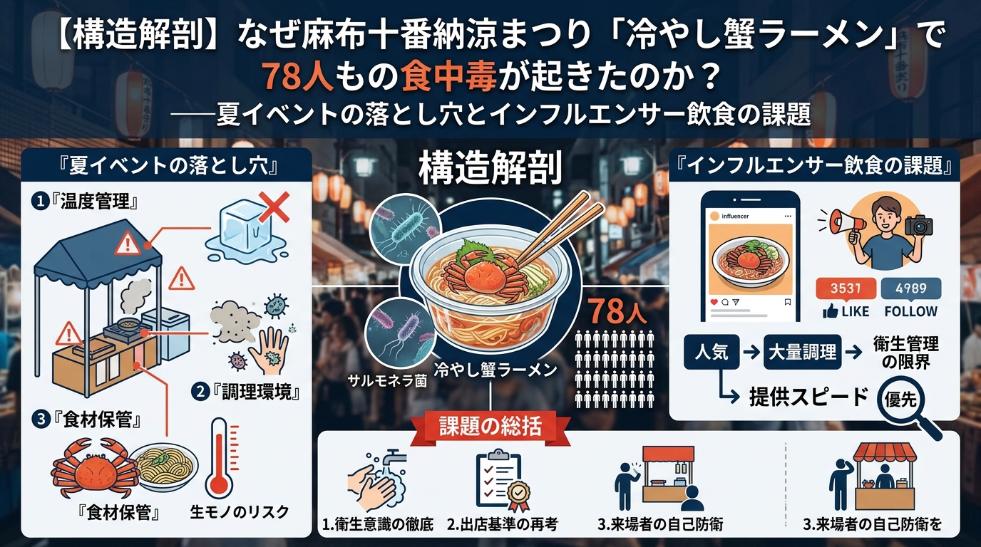 麻布十番納涼まつり,冷やし蟹ラーメン,衛生管理,こめを,食中毒,原因